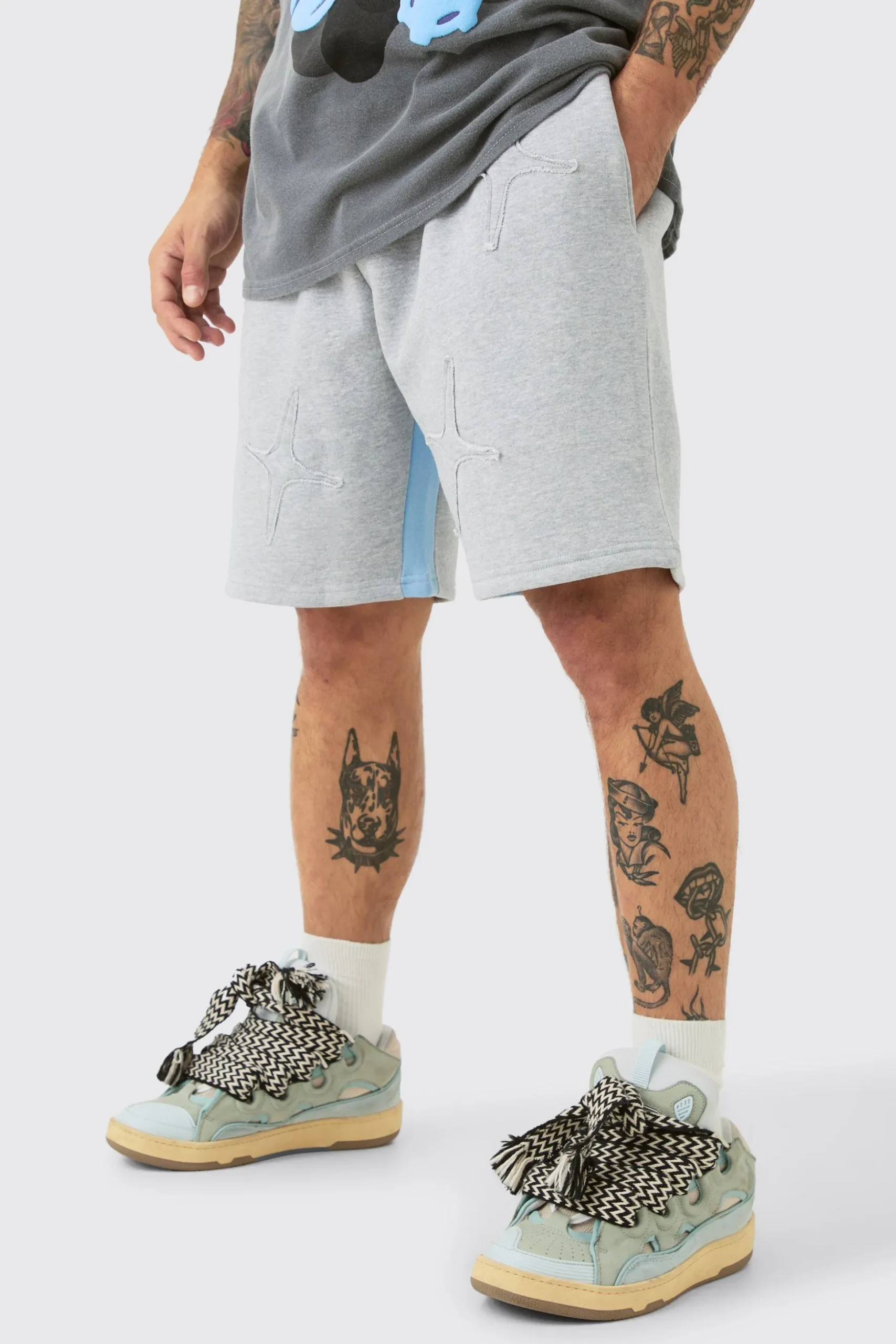 Relaxed Grey Marl Raw Applique Shorts | BoohooMAN UK