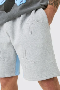 Relaxed Grey Marl Raw Applique Shorts | BoohooMAN UK