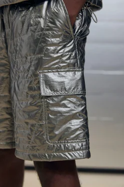 Relaxed Jort Fit Metallic Nylon Quilted Woven Shorts | BoohooMAN UK
