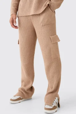 Relaxed Marl Ribbed Knit Cargo Joggers | BoohooMAN UK