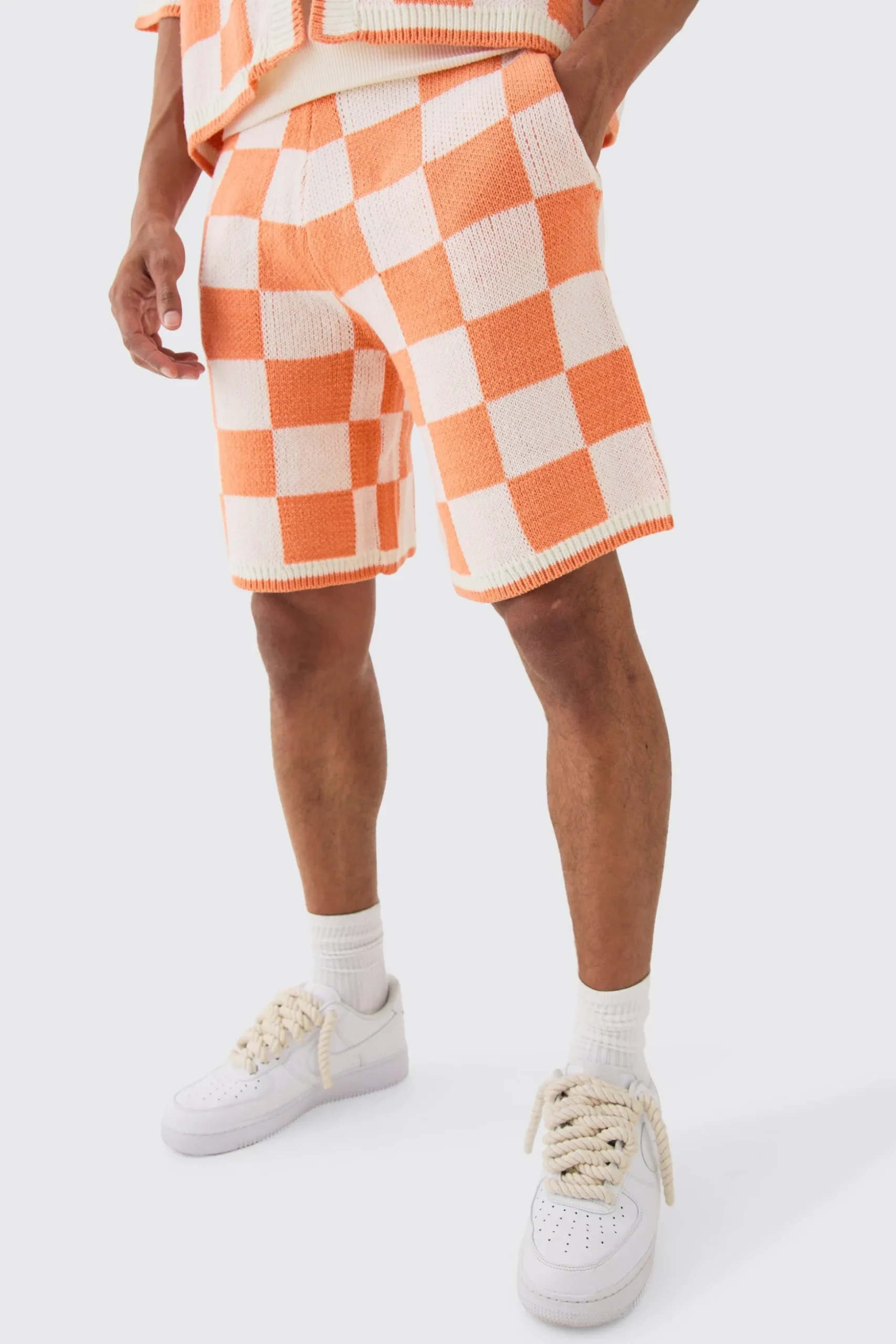Relaxed Mid Length Check Knitted Short | BoohooMAN UK