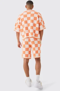 Relaxed Mid Length Check Knitted Short | BoohooMAN UK