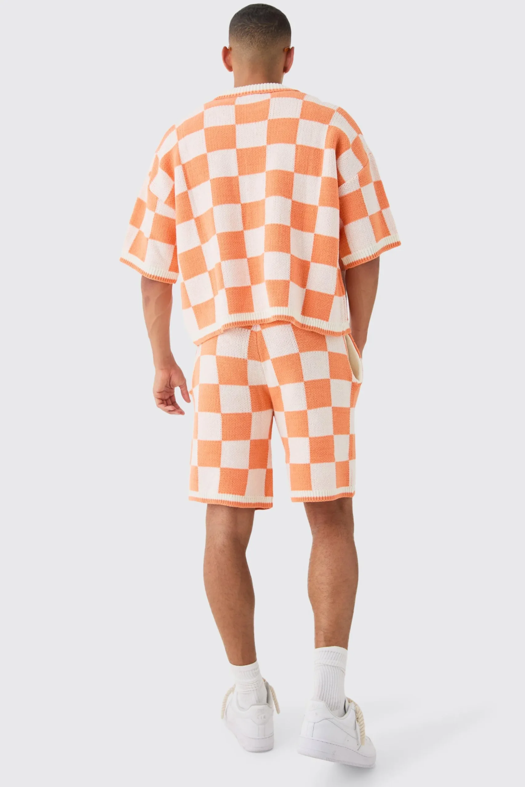 Relaxed Mid Length Check Knitted Short | BoohooMAN UK