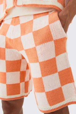 Relaxed Mid Length Check Knitted Short | BoohooMAN UK