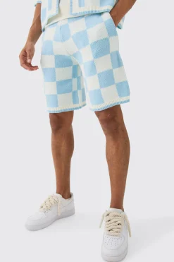Relaxed Mid Length Check Knitted Short | BoohooMAN UK