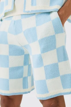 Relaxed Mid Length Check Knitted Short | BoohooMAN UK