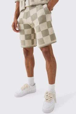 Relaxed Mid Length Check Knitted Short | BoohooMAN UK