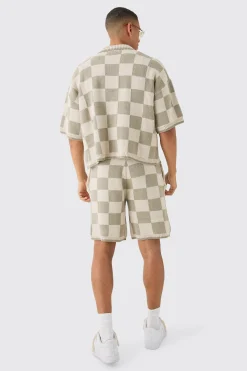 Relaxed Mid Length Check Knitted Short | BoohooMAN UK
