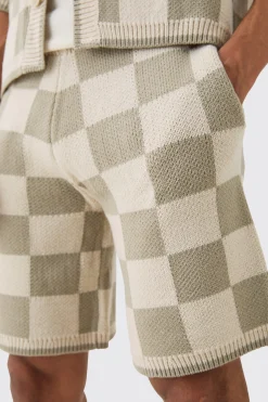 Relaxed Mid Length Check Knitted Short | BoohooMAN UK