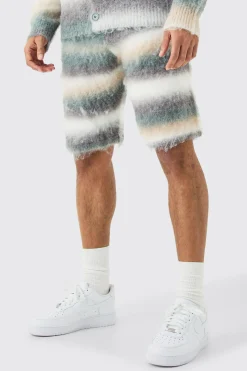 Relaxed Mid Length Knitted Brushed Stripe Short In Sage | BoohooMAN UK