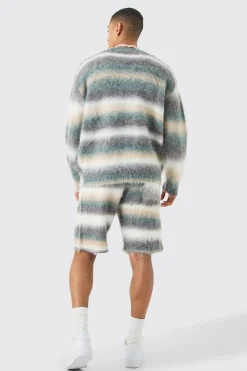 Relaxed Mid Length Knitted Brushed Stripe Short In Sage | BoohooMAN UK