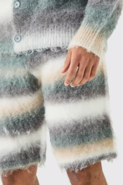 Relaxed Mid Length Knitted Brushed Stripe Short In Sage | BoohooMAN UK