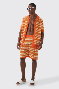Relaxed Mid Length Open Stitch Stripe Shirt & Short Set | BoohooMAN UK