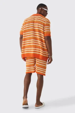 Relaxed Mid Length Open Stitch Stripe Shirt & Short Set | BoohooMAN UK