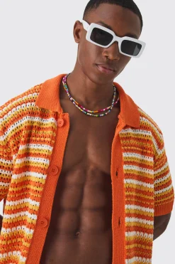 Relaxed Mid Length Open Stitch Stripe Shirt & Short Set | BoohooMAN UK