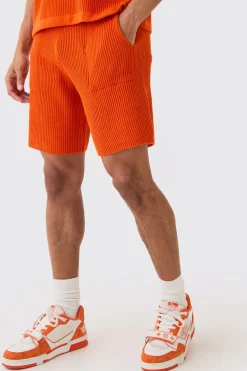 Relaxed Mid Length Ribbed Knit Short | BoohooMAN UK