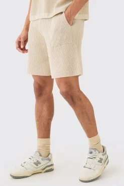 Relaxed Mid Length Ribbed Knit Short | BoohooMAN UK