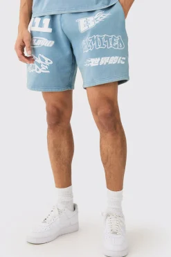 Relaxed Moto Puff Print Washed Shorts | BoohooMAN UK