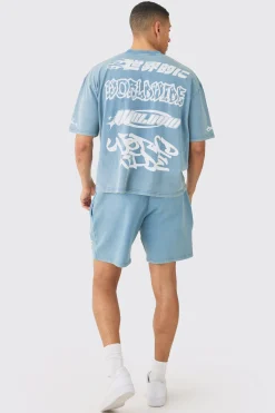 Relaxed Moto Puff Print Washed Shorts | BoohooMAN UK