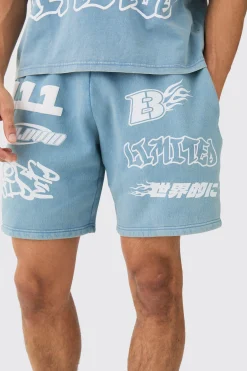 Relaxed Moto Puff Print Washed Shorts | BoohooMAN UK