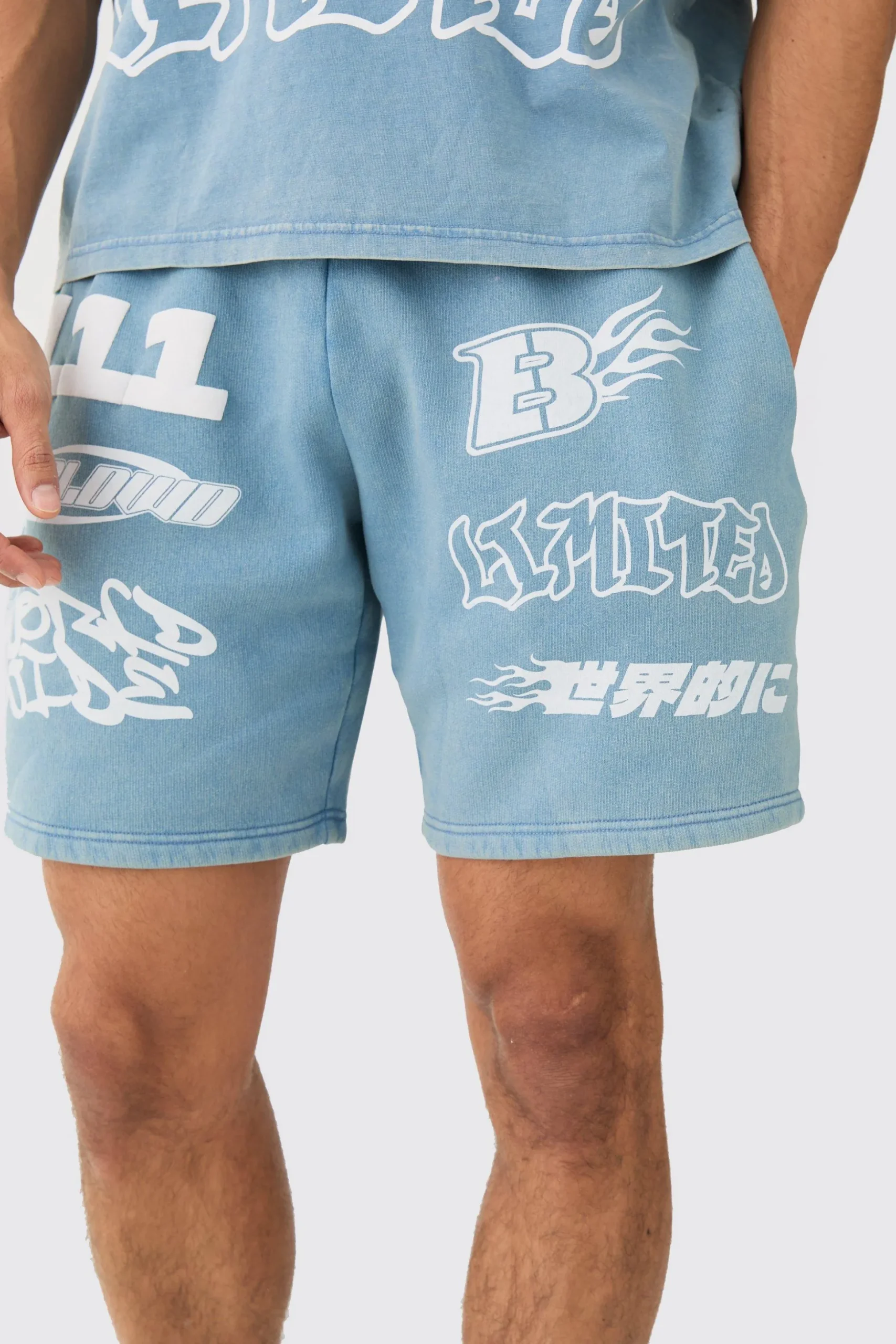 Relaxed Moto Puff Print Washed Shorts | BoohooMAN UK