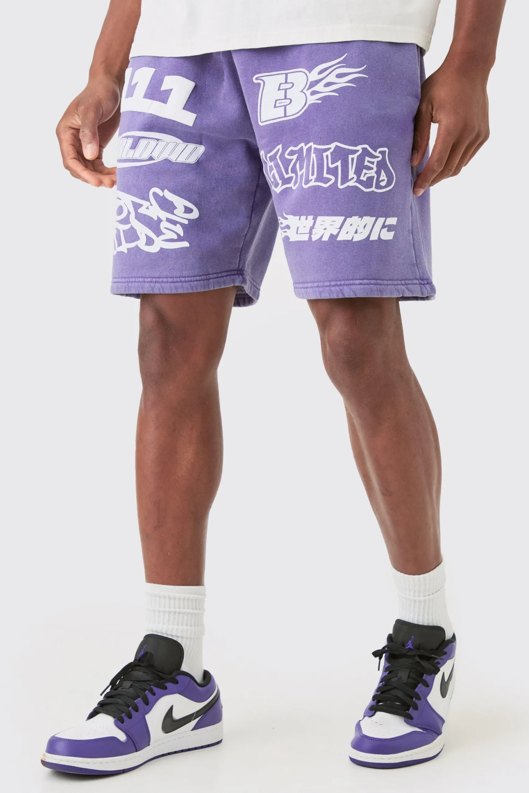 Relaxed Moto Puff Print Washed Shorts | BoohooMAN UK