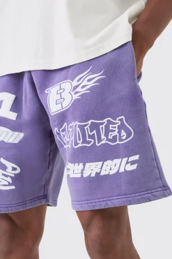 Relaxed Moto Puff Print Washed Shorts | BoohooMAN UK
