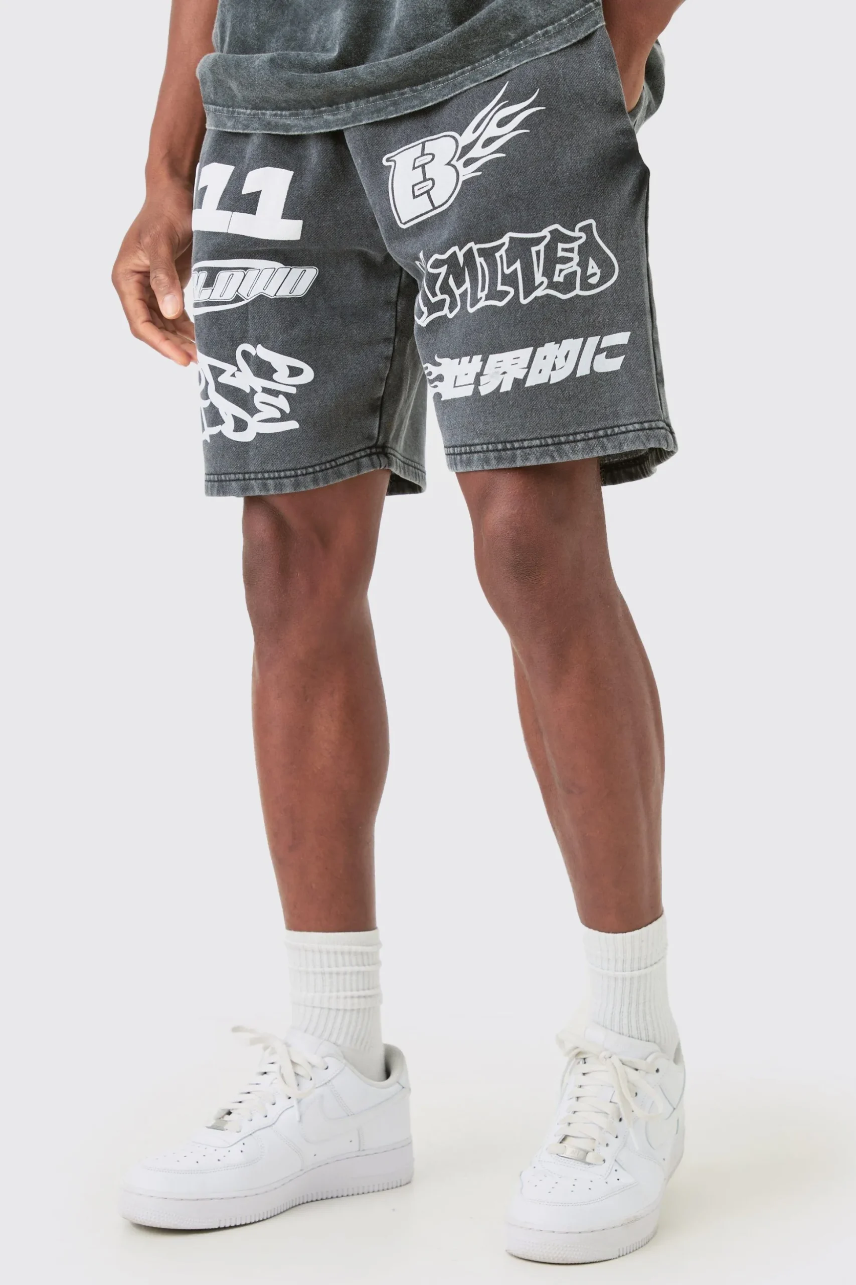 Relaxed Moto Puff Print Washed Shorts | BoohooMAN UK
