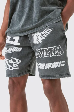 Relaxed Moto Puff Print Washed Shorts | BoohooMAN UK