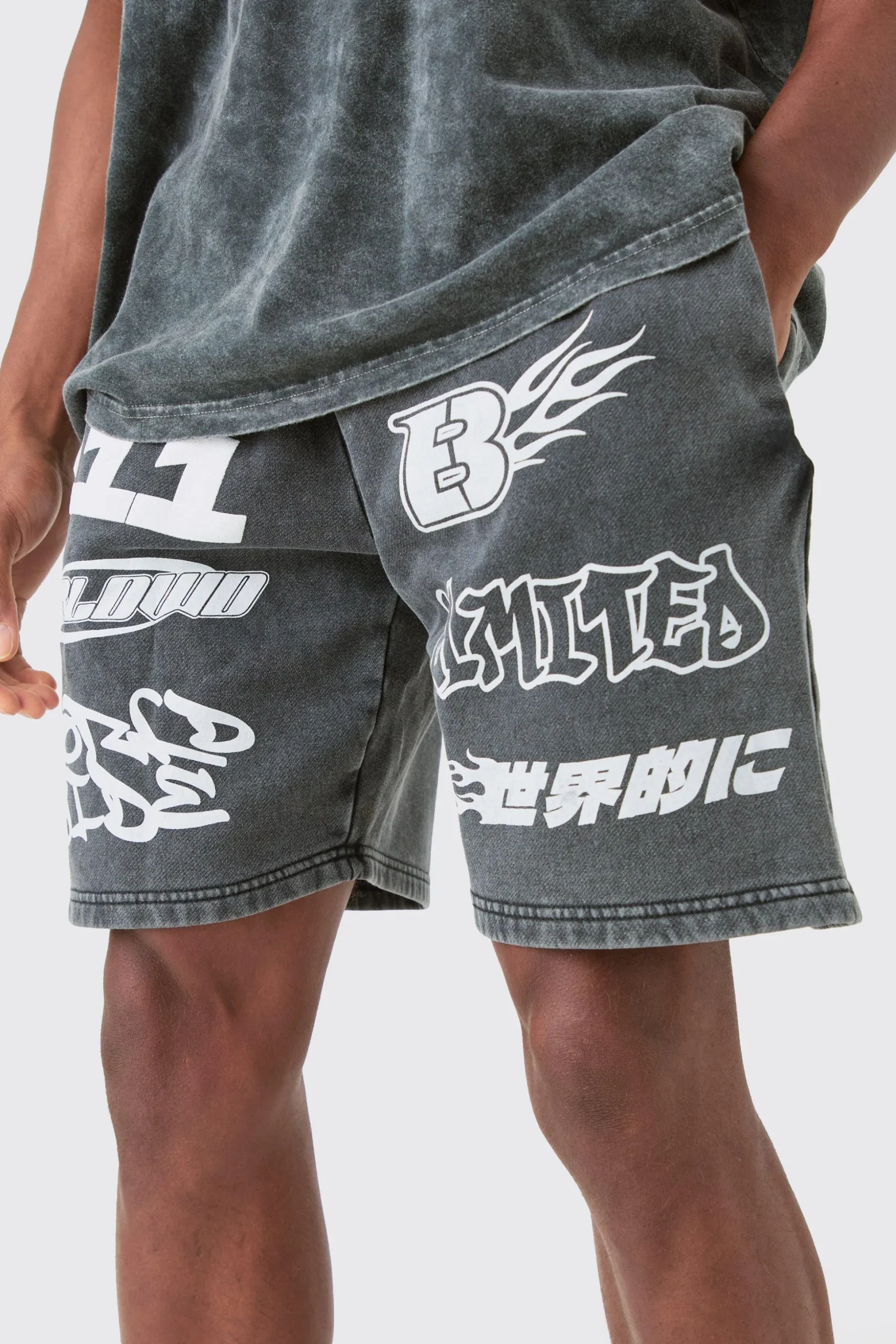 Relaxed Moto Puff Print Washed Shorts | BoohooMAN UK
