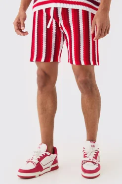 Relaxed Open Stitch Stripe Knit Short In Red | BoohooMAN UK