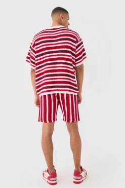 Relaxed Open Stitch Stripe Knit Short In Red | BoohooMAN UK