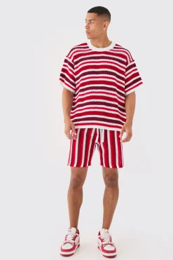 Relaxed Open Stitch Stripe Knit Short In Red | BoohooMAN UK