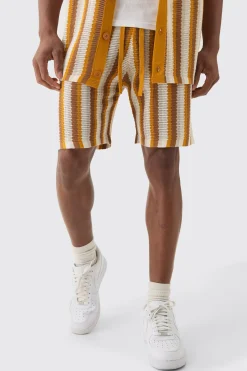 Relaxed Open Stitch Stripe Knit Short In Mustard | BoohooMAN UK
