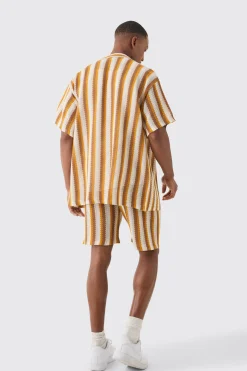 Relaxed Open Stitch Stripe Knit Short In Mustard | BoohooMAN UK