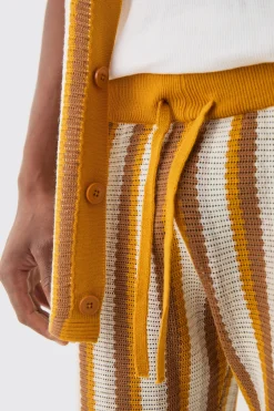 Relaxed Open Stitch Stripe Knit Short In Mustard | BoohooMAN UK