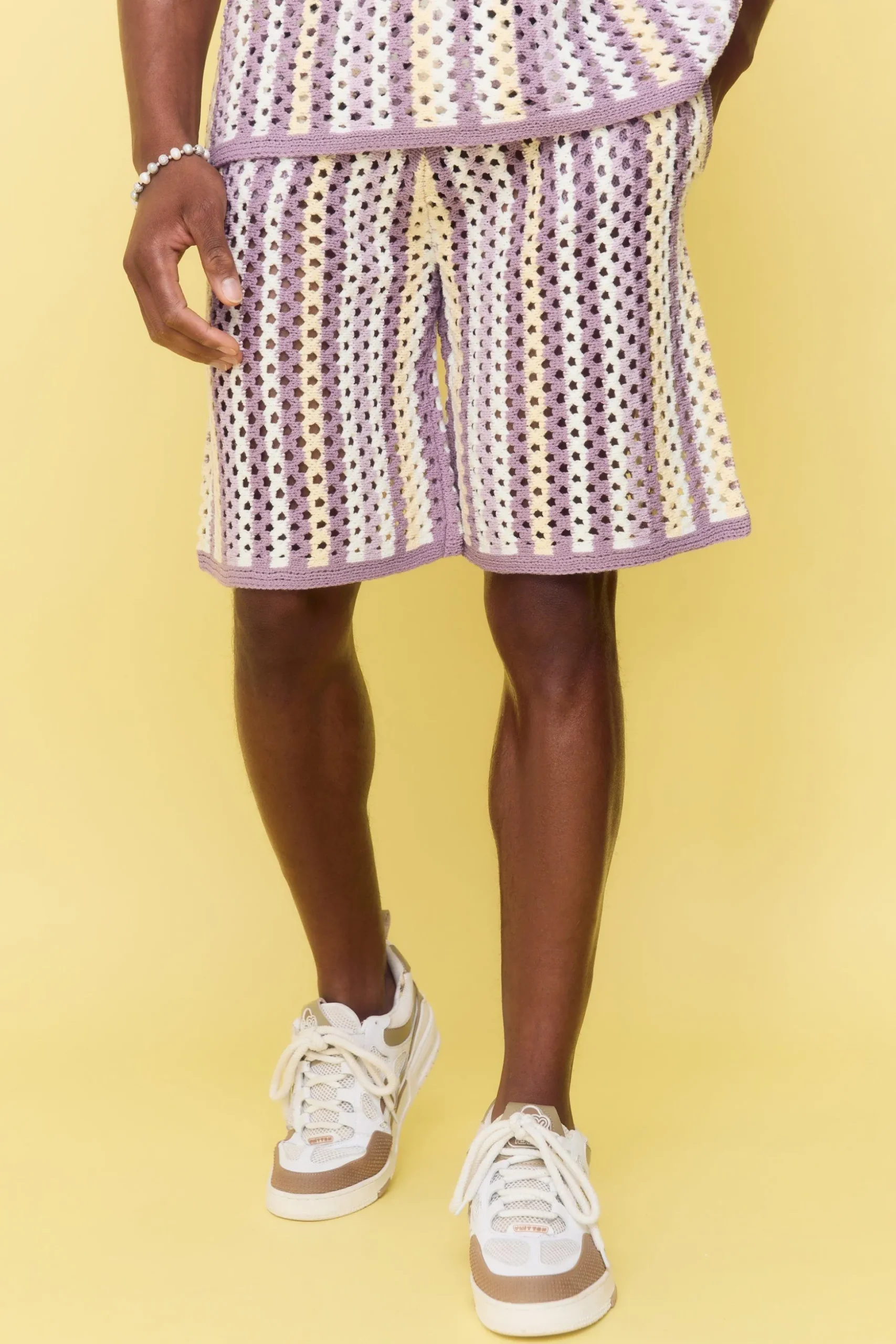 Relaxed Open Stitch Stripe Knitted Shorts | BoohooMAN UK