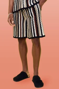 Relaxed Open Stitch Stripe Knitted Shorts | BoohooMAN UK