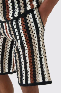 Relaxed Open Stitch Stripe Knitted Shorts | BoohooMAN UK