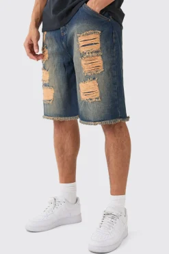 Relaxed Rigid All Over Rips Denim Jorts In Vintage Blue | BoohooMAN UK