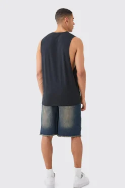 Relaxed Rigid All Over Rips Denim Jorts In Vintage Blue | BoohooMAN UK