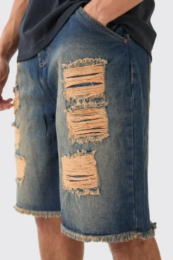 Relaxed Rigid All Over Rips Denim Jorts In Vintage Blue | BoohooMAN UK