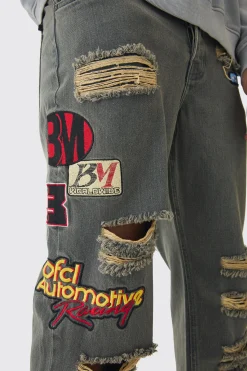 Relaxed Rigid Applique Badge Ripped Jeans | BoohooMAN UK
