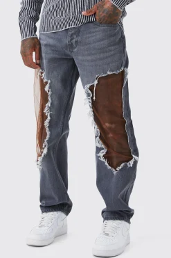 Relaxed Rigid Burnt Out Mesh Jeans | BoohooMAN UK