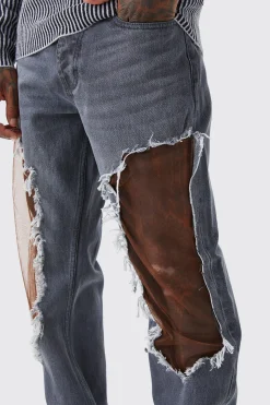 Relaxed Rigid Burnt Out Mesh Jeans | BoohooMAN UK