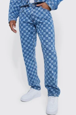 Relaxed Rigid Checkerboard Laser Print Jeans | BoohooMAN UK