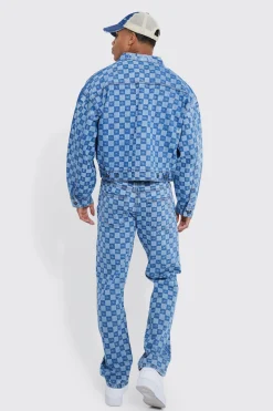 Relaxed Rigid Checkerboard Laser Print Jeans | BoohooMAN UK