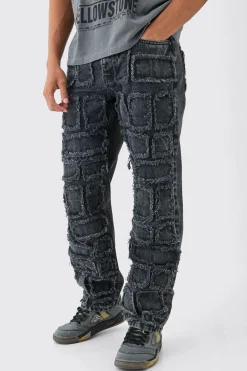 Relaxed Rigid Distressed Patchwork Jeans In Washed Black | BoohooMAN UK