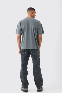 Relaxed Rigid Distressed Patchwork Jeans In Washed Black | BoohooMAN UK