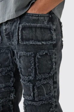 Relaxed Rigid Distressed Patchwork Jeans In Washed Black | BoohooMAN UK